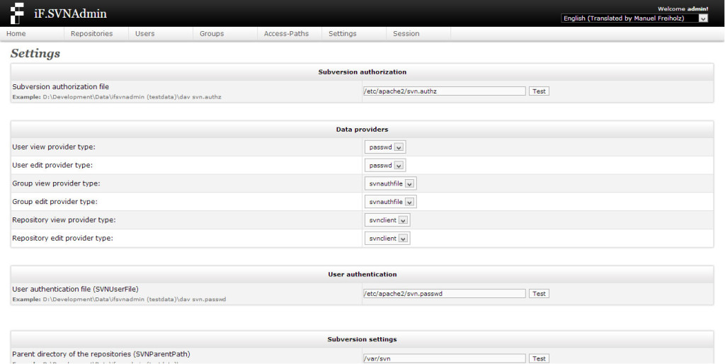 Settings - IFSVNAdmin